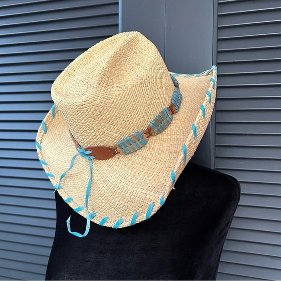 Bullhide Woven Straw Cowboy Hat With Turquoise Details, Size Small - Picture 6 of 16
